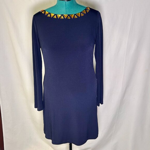 Vince Camuto Dresses & Skirts - Vince Camuto long-sleeve navy blue shift dress with a jeweled neckline Size 12